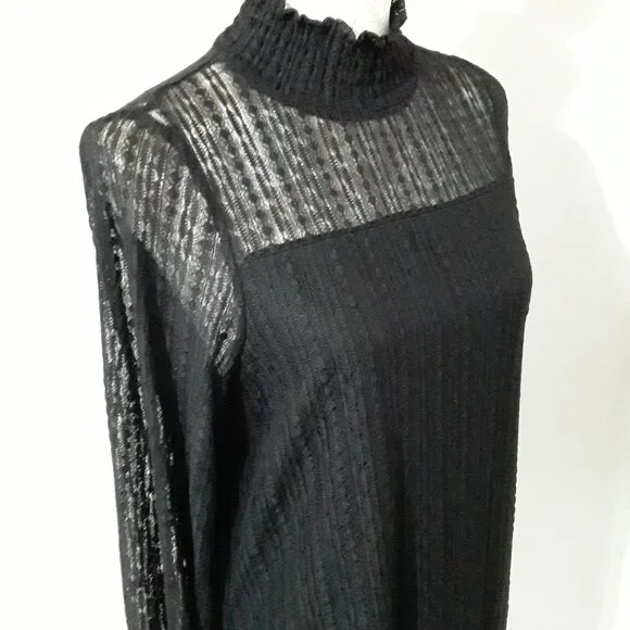 Adrianna Papell lovely dark black sheer neckline long sleeve top size M - Picture 5 of 11